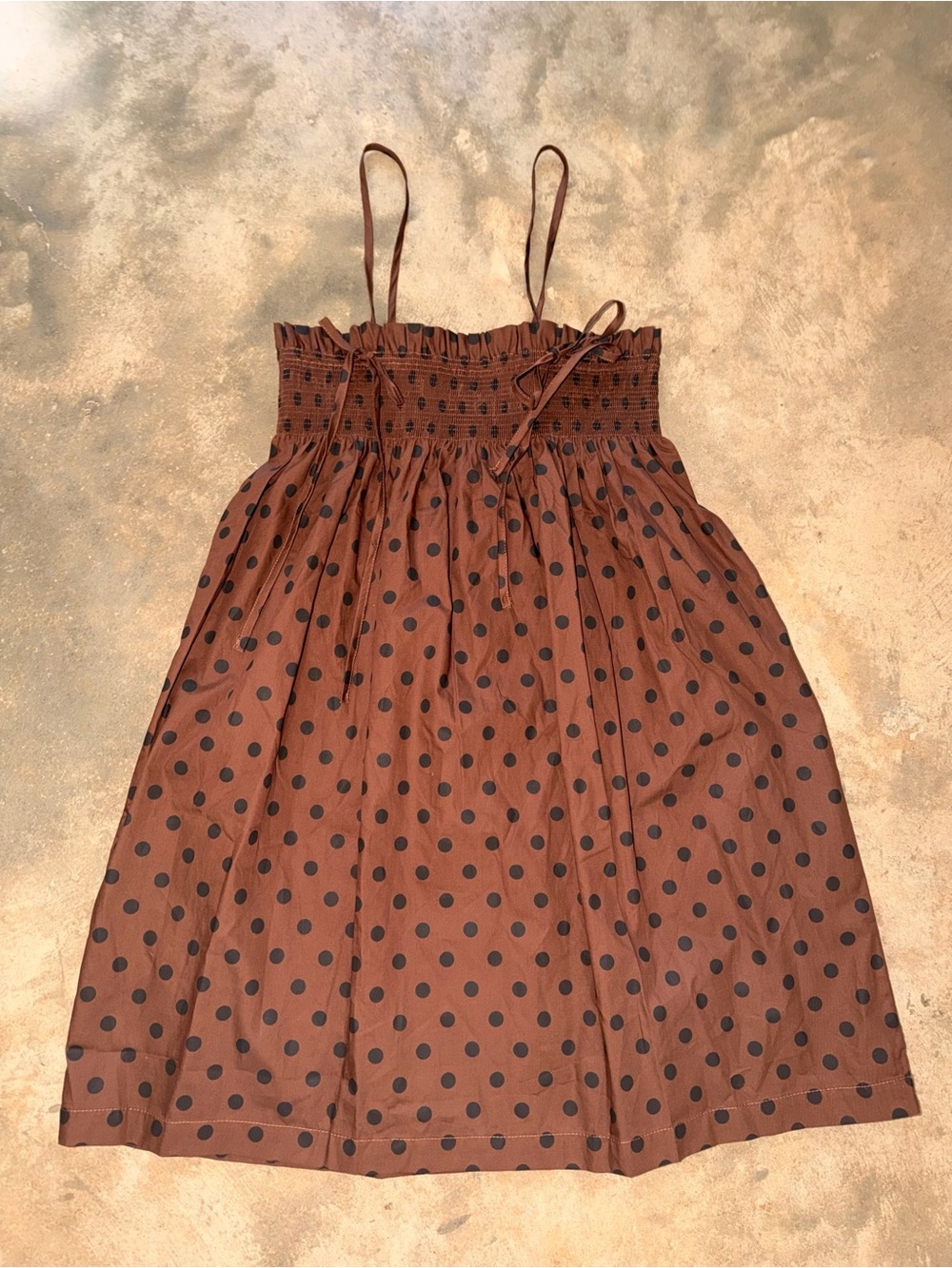NWOT Brown Black Polka Dot Cotton Smocked Cami Mini Dress Medium Cottagecore